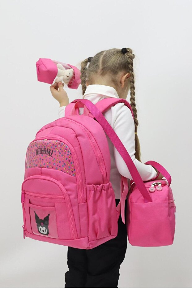 3-Piece School Set Girl's Bag Kuromi Patterned Orthopedic Lunch Pen Holder Gift Waterproof