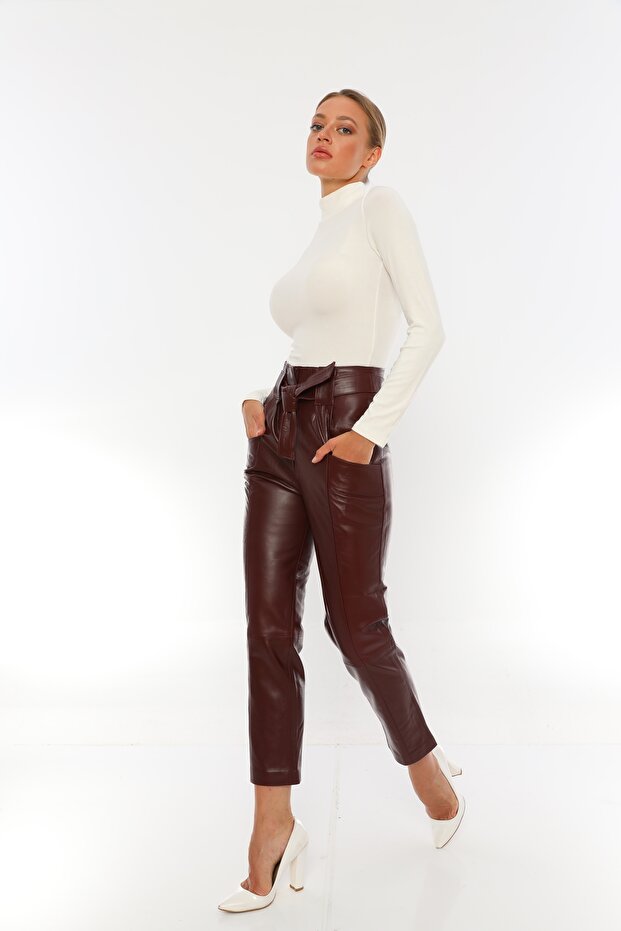 Kadın Mürdüm Hakiki Deri Kuşaklı Pantolon - P02 - 4