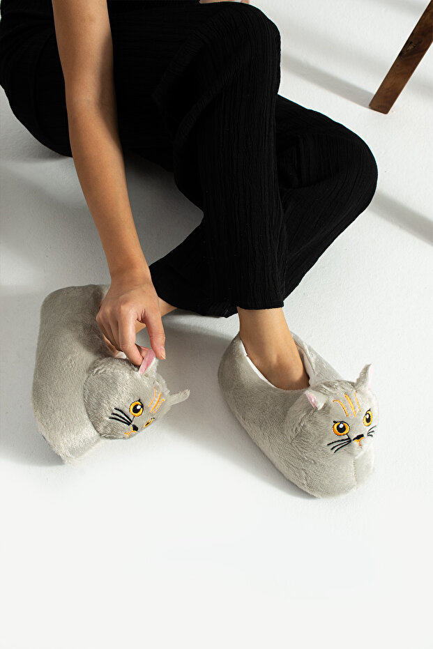 Bej Hayvanlı Sessiz Taban Panduf Sevimli Kedi Figürlü Peluş Ev Ayakkabısı - 8