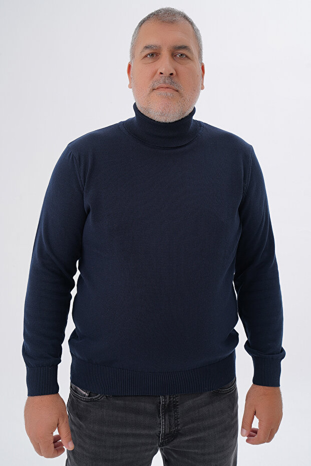 Men's Navy Blue Large Size Turtleneck 100% Cotton Sweater Trist-2001