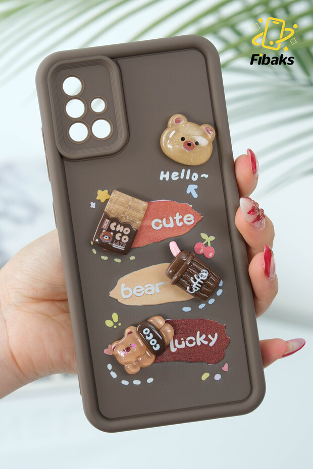 Galaxy A71 Case Designed Patterned Camera Protected Teddy Bear Coffee Soft Silicone Cover