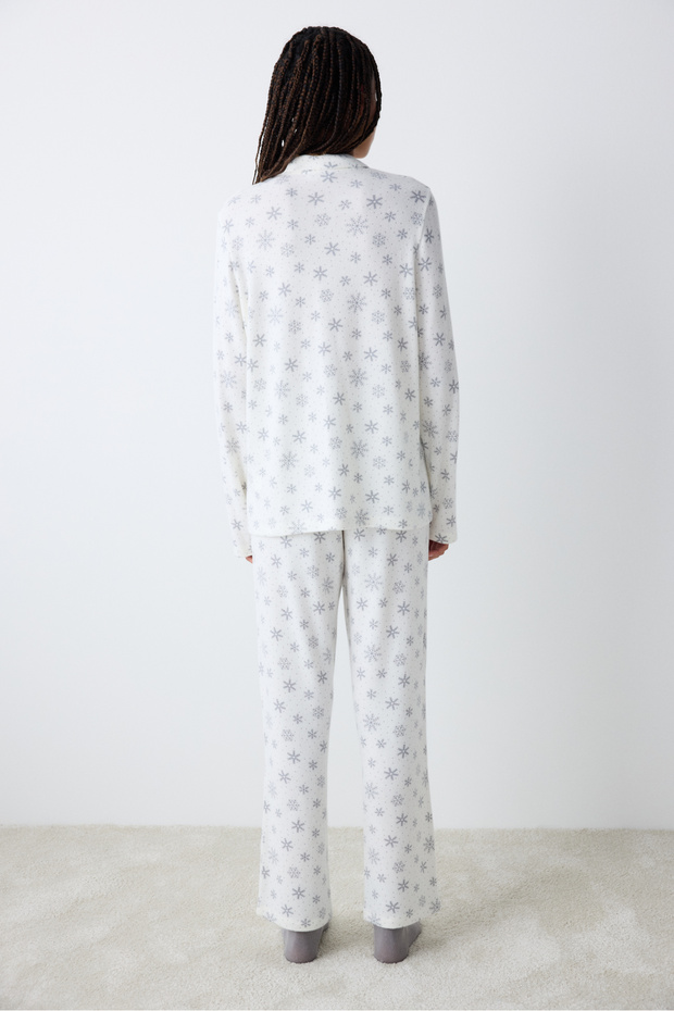Snowflakes Ekru Gömlek Pantolon Pijama Takımı - 5
