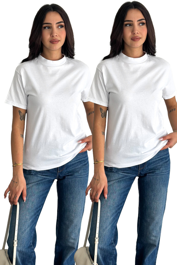 White Stand Collar 2-Pack Basic Knitted T-Shirt - 1