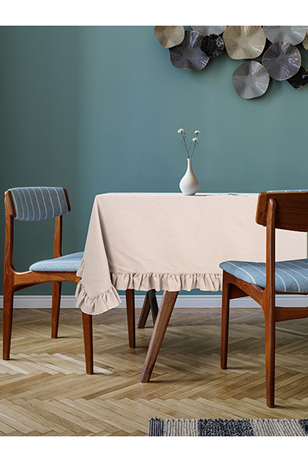 Buldan Beige Natural Cotton Linen Ruffled Tablecloth