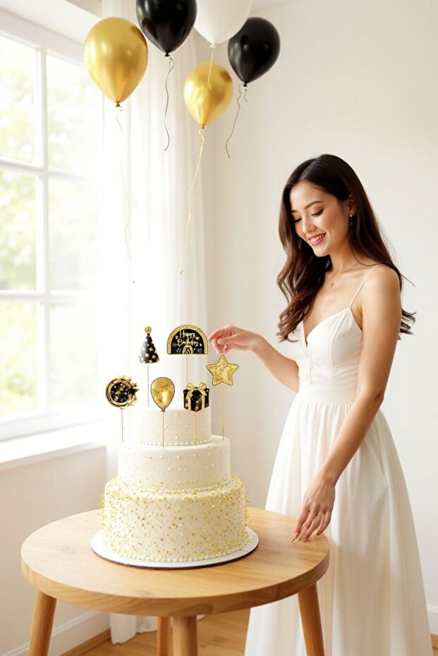 Gold Happy Birthday Themed Cake Topper Character Set Ornament