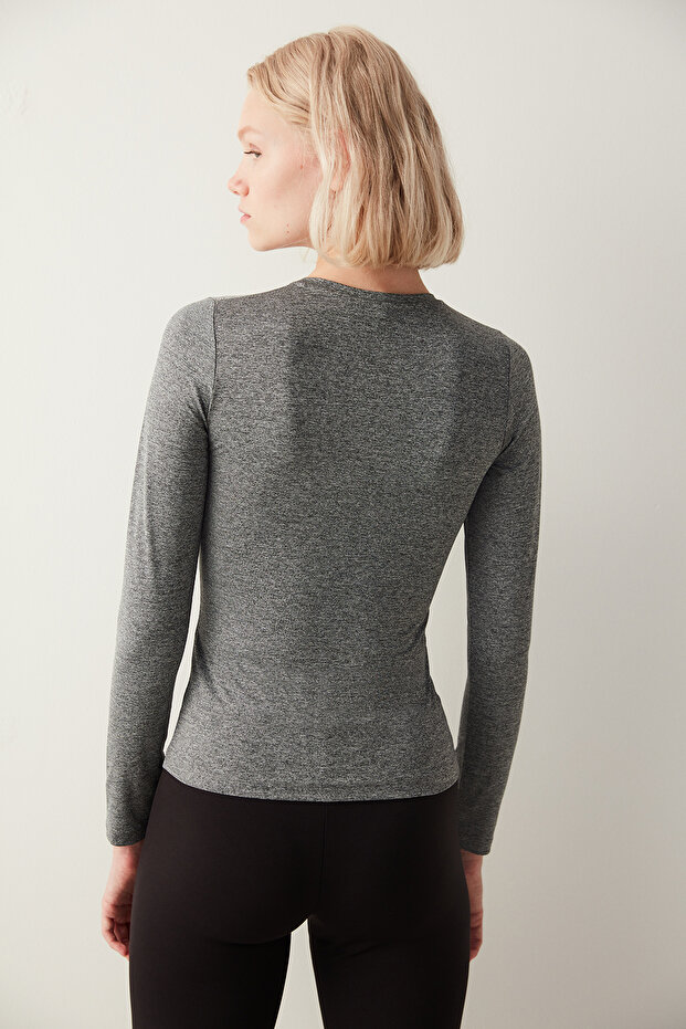 Dark Grey Melange Fitted Long Sleeve Üst - 5