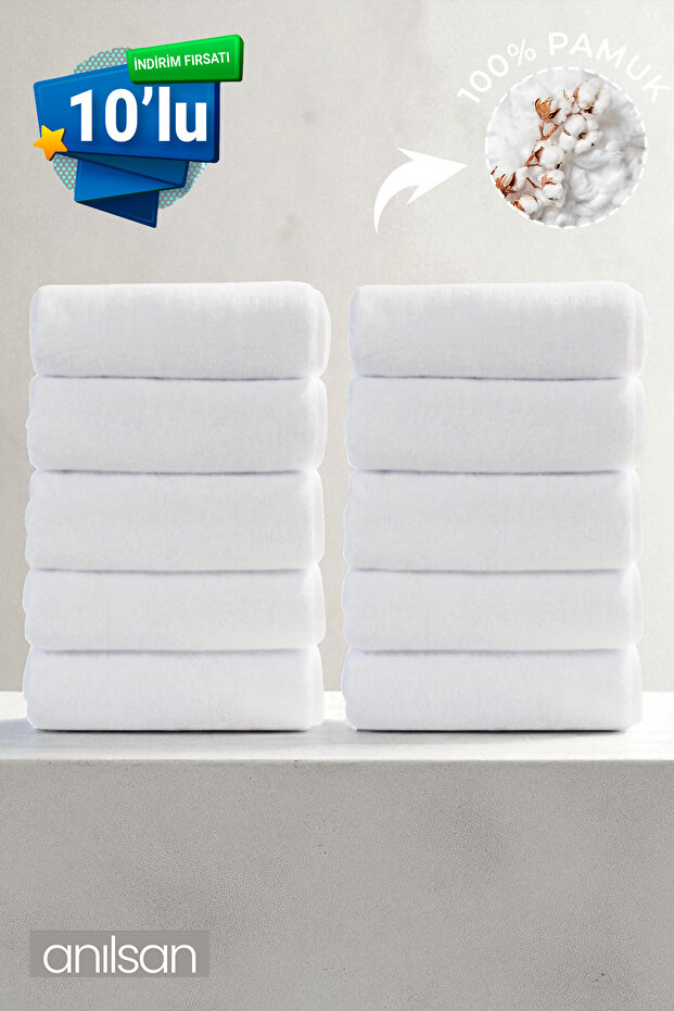 10-Piece Plain White Hand Towels - 50X90 Cm, 225 Gr, 100% Cotton, Spa and Hotel Towels