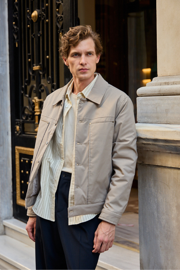 Erkek Modelli Kapitoneli Mont Ceket Bej - 2