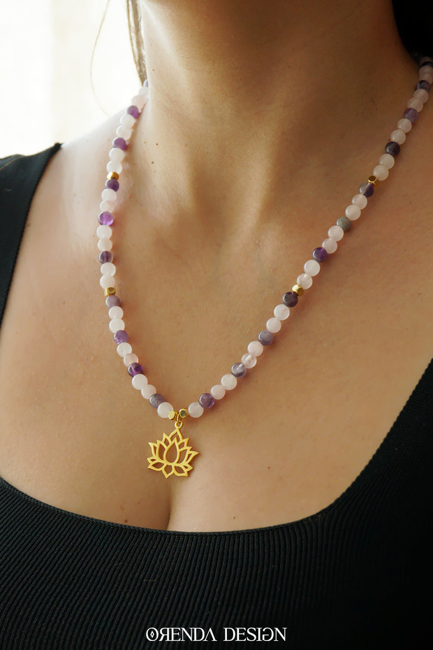 Love Peace – Lotus Flower – Amethyst – Pink Quartz Natural Stone Necklace