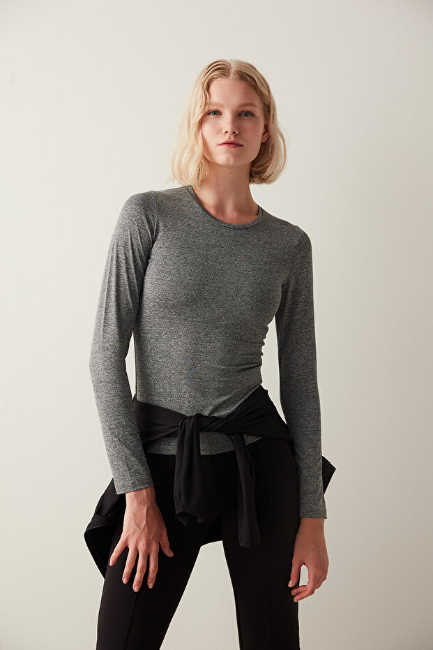 Dark Grey Melange Fitted Long Sleeve Üst - 2