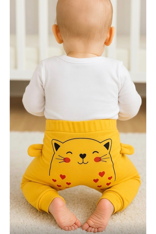 Pamuklu Kulaklı Kedi Baskılı Tek Alt Eşofman Pijama - 3