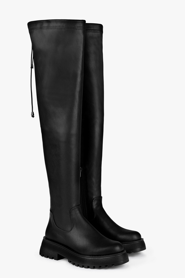 Női Margot fekete vastag talpú hosszú sztreccs rugalmas csizma fekete bőr - 2