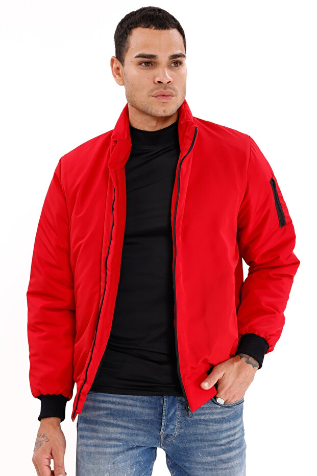 Kurtka męska w kolorze czerwonym z podszewką i stójką, sezonowa, wiatroszczelna i wodoodporna z kieszeniami - 4