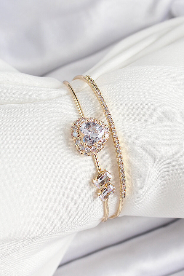 Brass Gold Color Heart Zircon Stone Women's Bracelet -