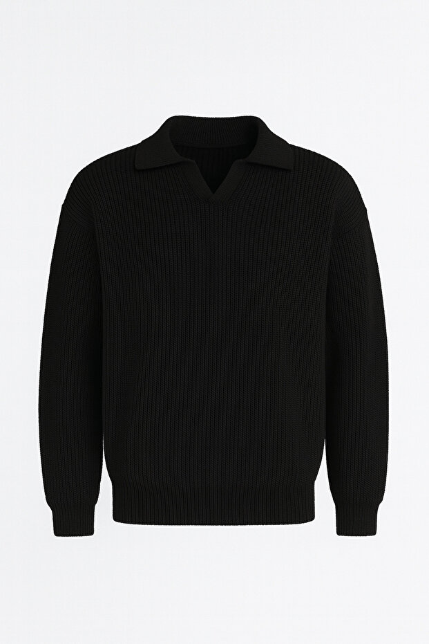 Joris Oversize Shirt Polo Neck Thessaloniki Knitted Men's Sweater - Black