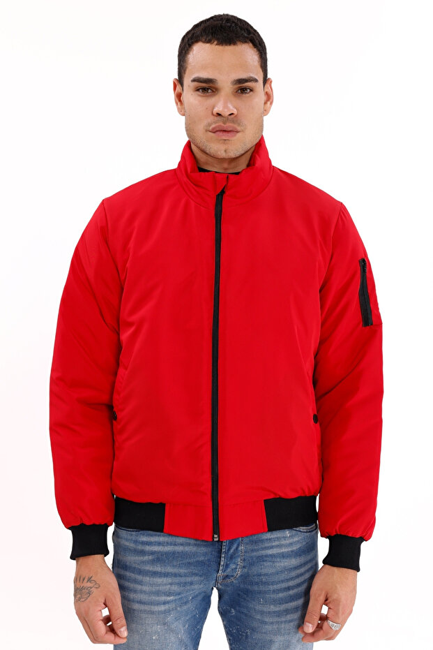 Kurtka męska w kolorze czerwonym z podszewką i stójką, sezonowa, wiatroszczelna i wodoodporna z kieszeniami - 3