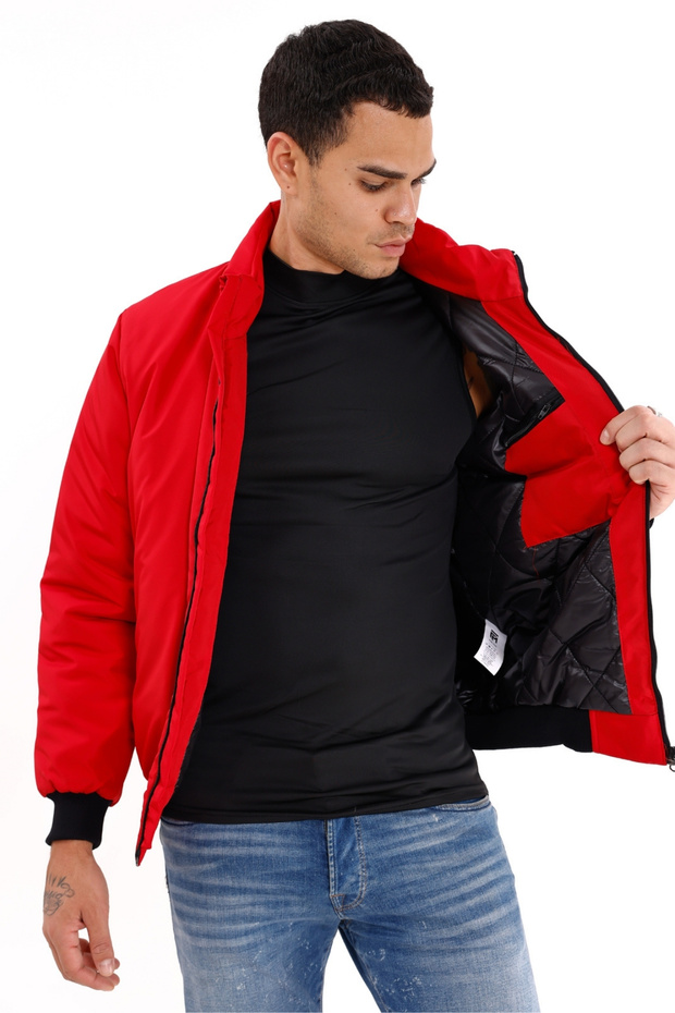 Kurtka męska w kolorze czerwonym z podszewką i stójką, sezonowa, wiatroszczelna i wodoodporna z kieszeniami - 5