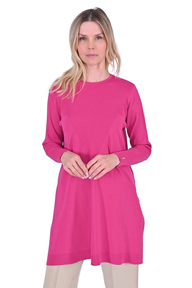 Knitted Detailed Slit Tunic Fuchia