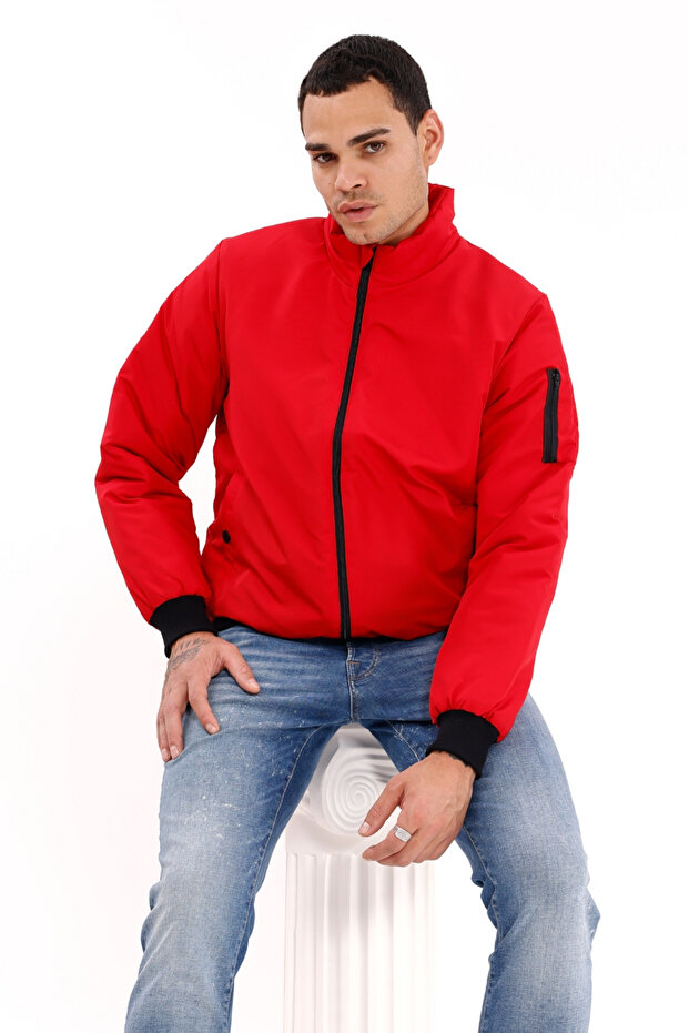 Kurtka męska w kolorze czerwonym z podszewką i stójką, sezonowa, wiatroszczelna i wodoodporna z kieszeniami - 1