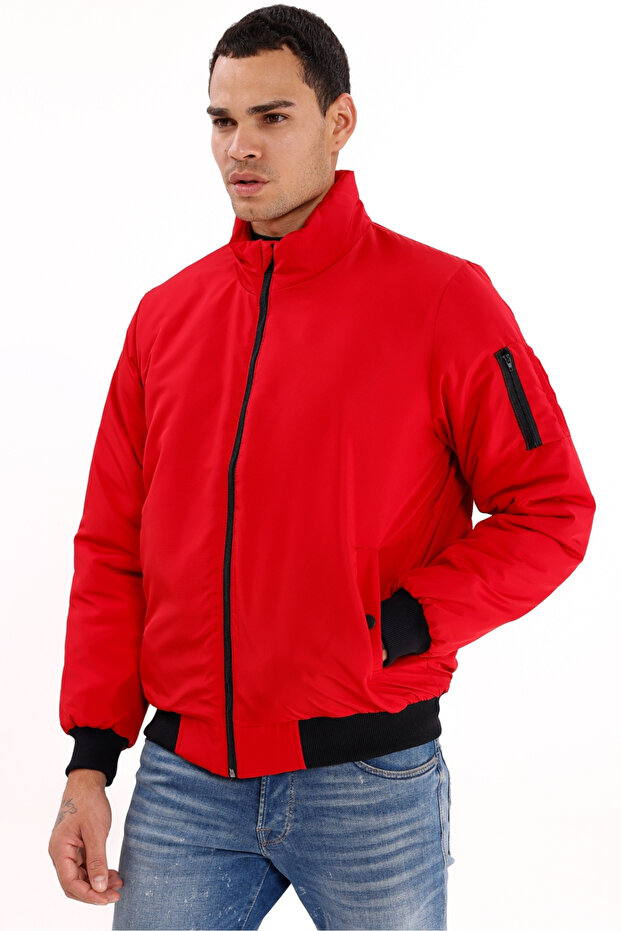 Kurtka męska w kolorze czerwonym z podszewką i stójką, sezonowa, wiatroszczelna i wodoodporna z kieszeniami - 2