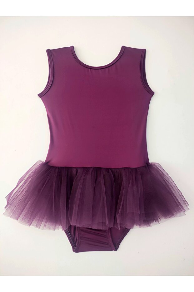 Girl's Plum Sleeveless U-Back Ballet and Gymnastics Leotard with Tutu Skirt