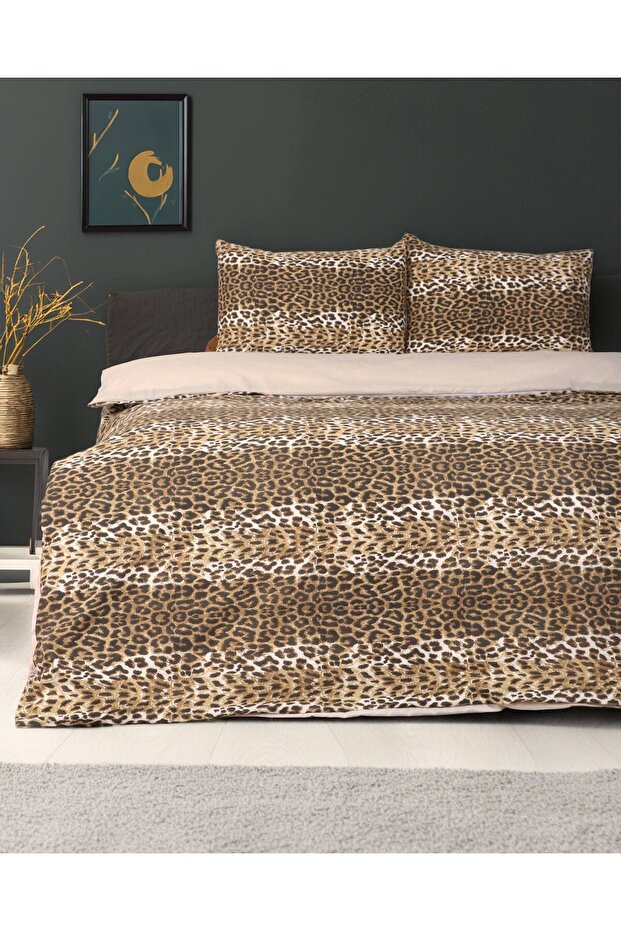 Leopard Love Double Duvet Cover Set Double Sided Sheet Plain Beige Color