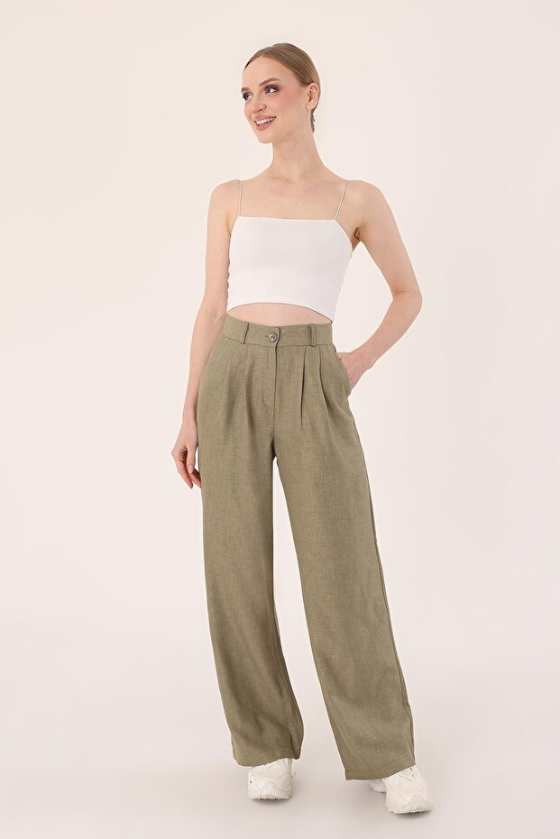 Women's Khaki High Waist Linen Palazzo Pants