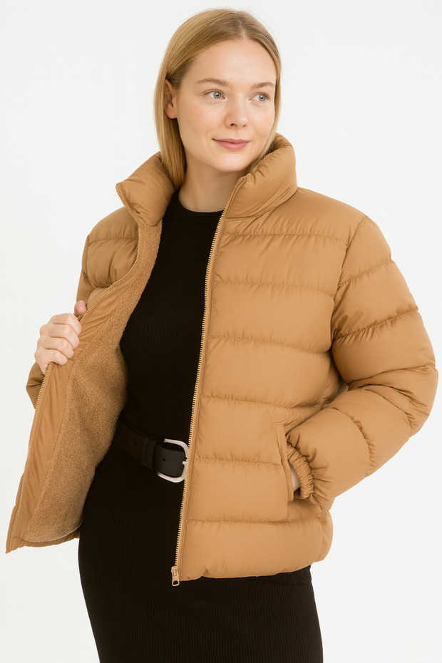 Women's Camel Sheepskin Waterproof Stand Collar Puffer Coat