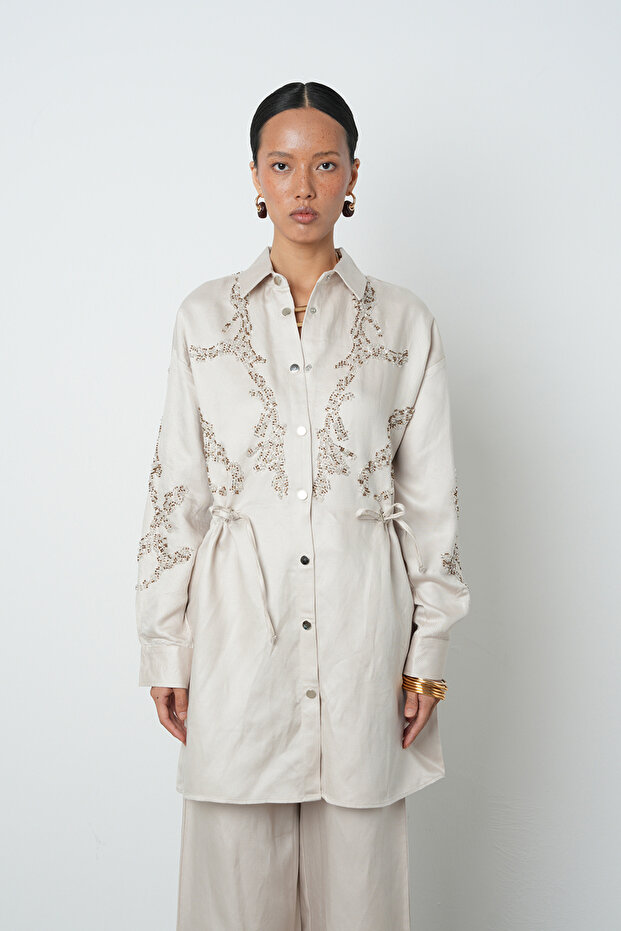 Women's Beaded Waist-Tied Jacket with Snap Closure