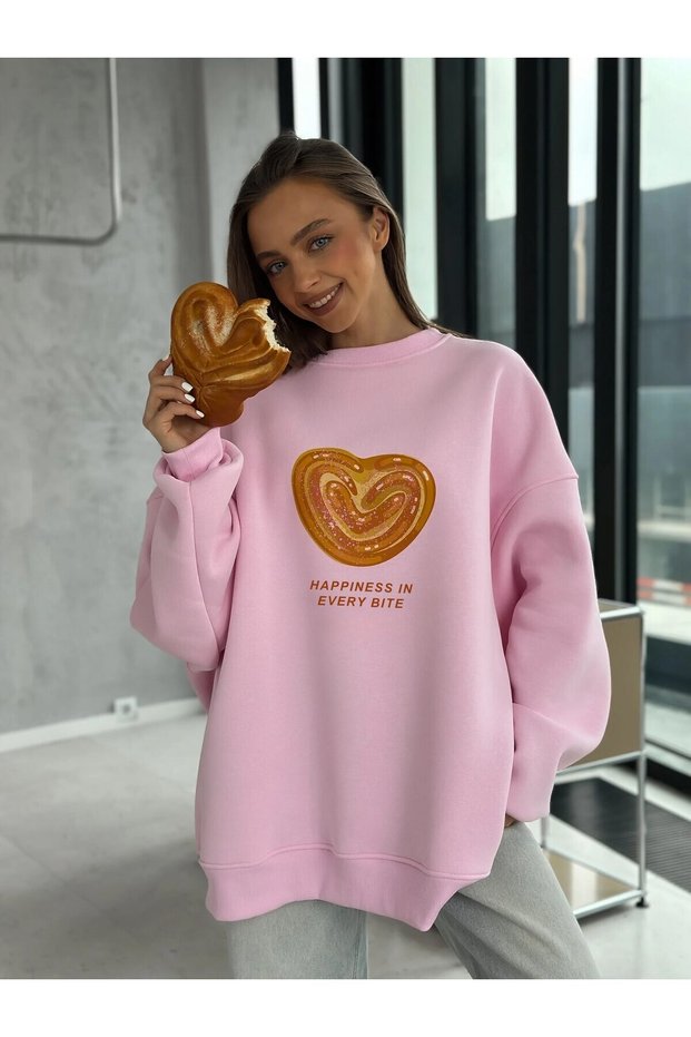 Women's Oversize Sweatshirt Dress Bakery Heart Palmier Printed Pink – Crew Neck, 3 Thread Fleece