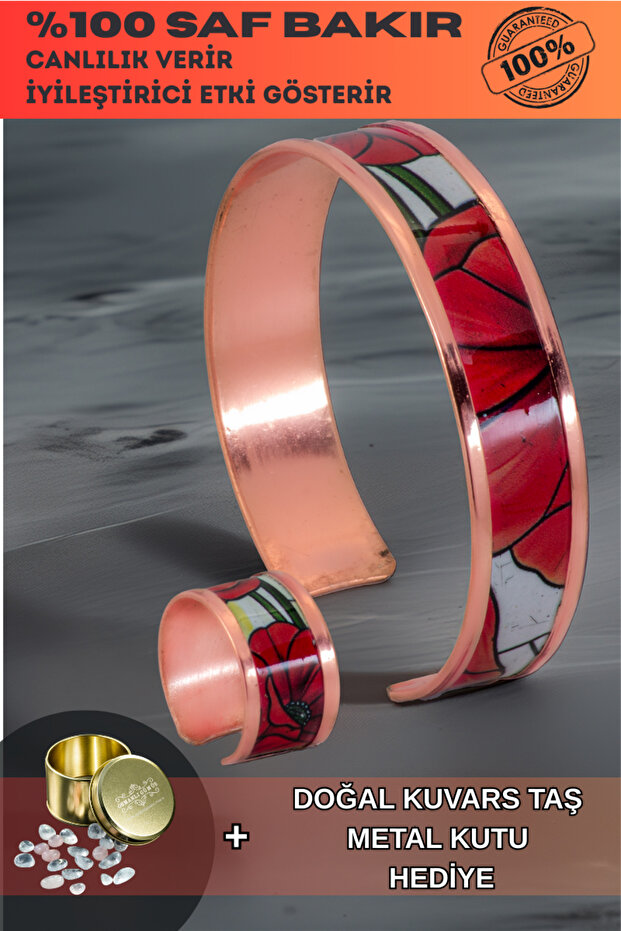 Women's Copper Bracelet Ring Set - Chlara Model Special Edition Metal Box and Quartz Stone