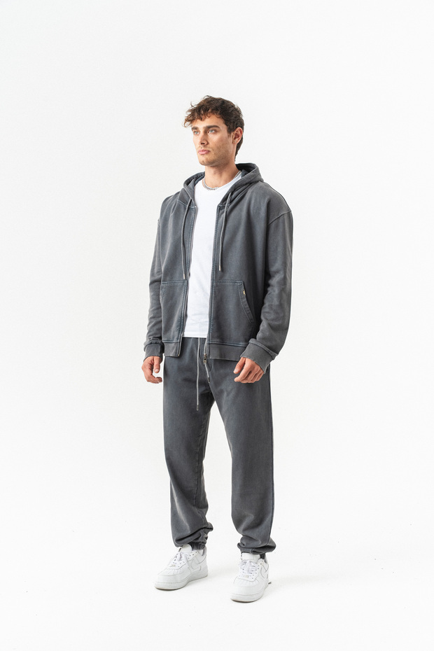 Yıkamalı Fermuarlı Kapüşonlu Oversize Pamuk Takım - 2