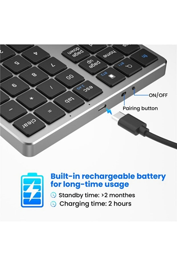 Kablosuz Nümerik Klavye (Bluetooth Bağlantılı, Taşınabilir, Sayısal Tuş Takımı) - 5