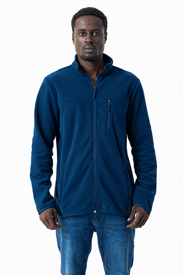 Men's Stand Collar Fleece Navy Blue Pocket Detailed Zippered Soft Textured - 6019