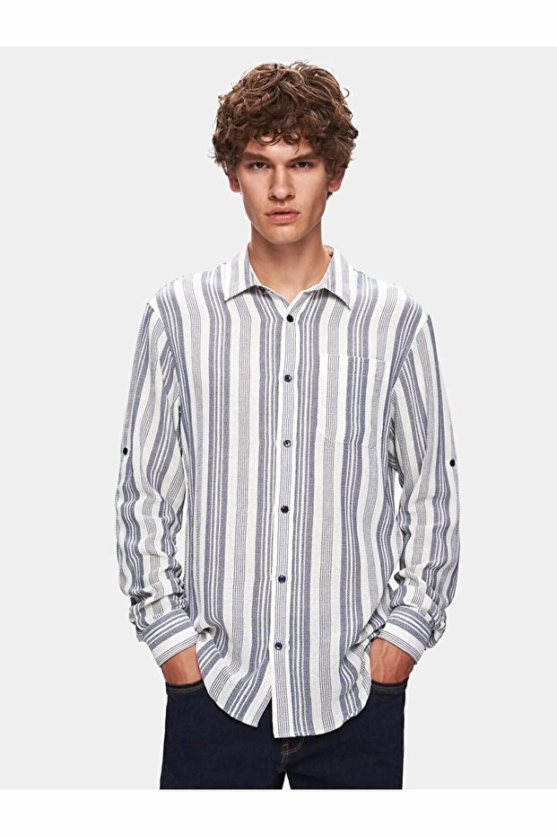 Keten Görünümlü Çizgili Relaxed Uzun Kollu Mavi Gömlek - 2