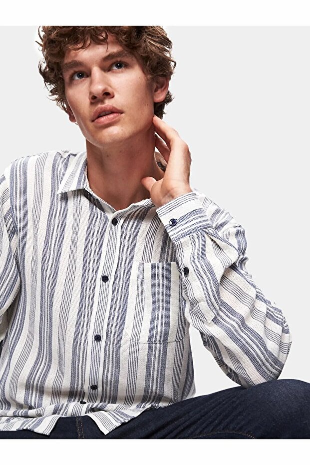 Keten Görünümlü Çizgili Relaxed Uzun Kollu Mavi Gömlek - 5