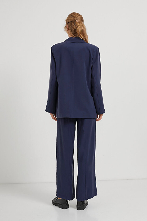 Kadın Premium Basic Oversize Lacivert Blazer Ceket - 5