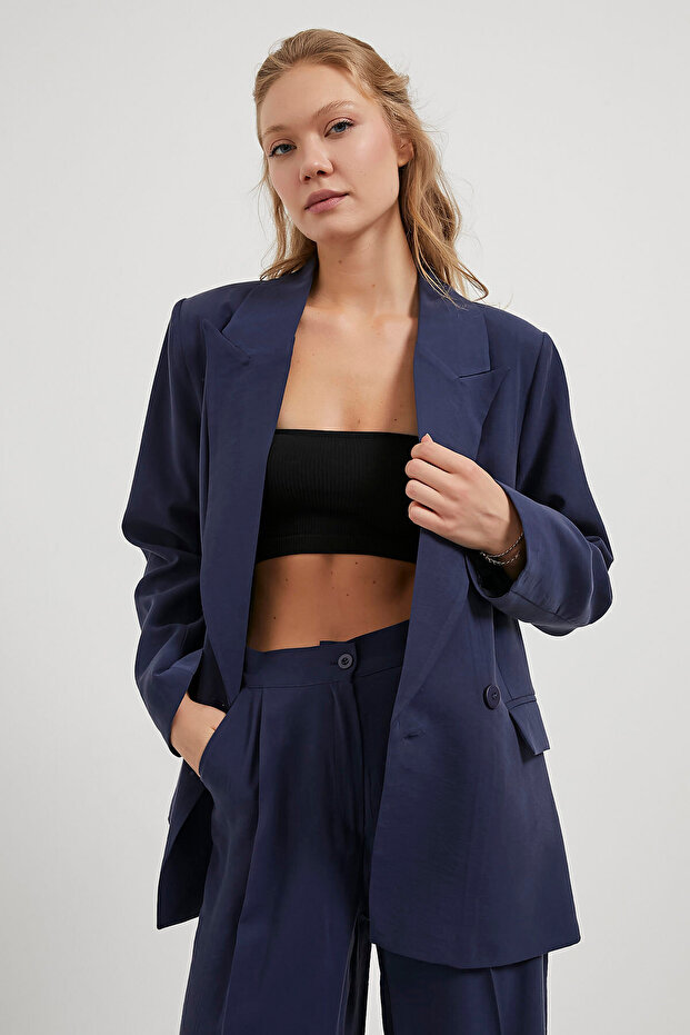 Kadın Premium Basic Oversize Lacivert Blazer Ceket - 2