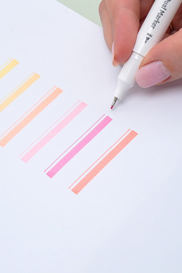 12 Renk Çift Uçlu Fosforlu Kalem Seti – Highlighter + Fineliner | Pastel Renkler Dual - 7