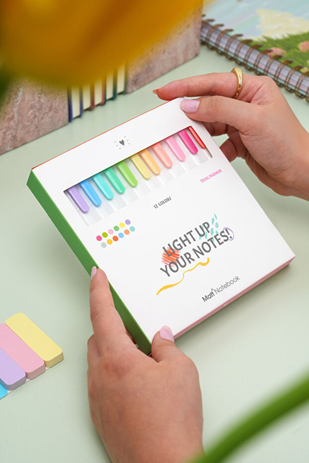 12 Renk Çift Uçlu Fosforlu Kalem Seti – Highlighter + Fineliner | Pastel Renkler Dual - 8