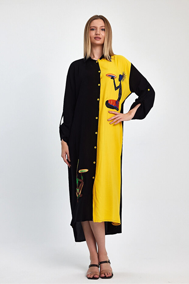 Kadın Maxi Boy Sarı Nakış Işlemeli Dokuma Viscon Elbise Bcvl-251012 - 2
