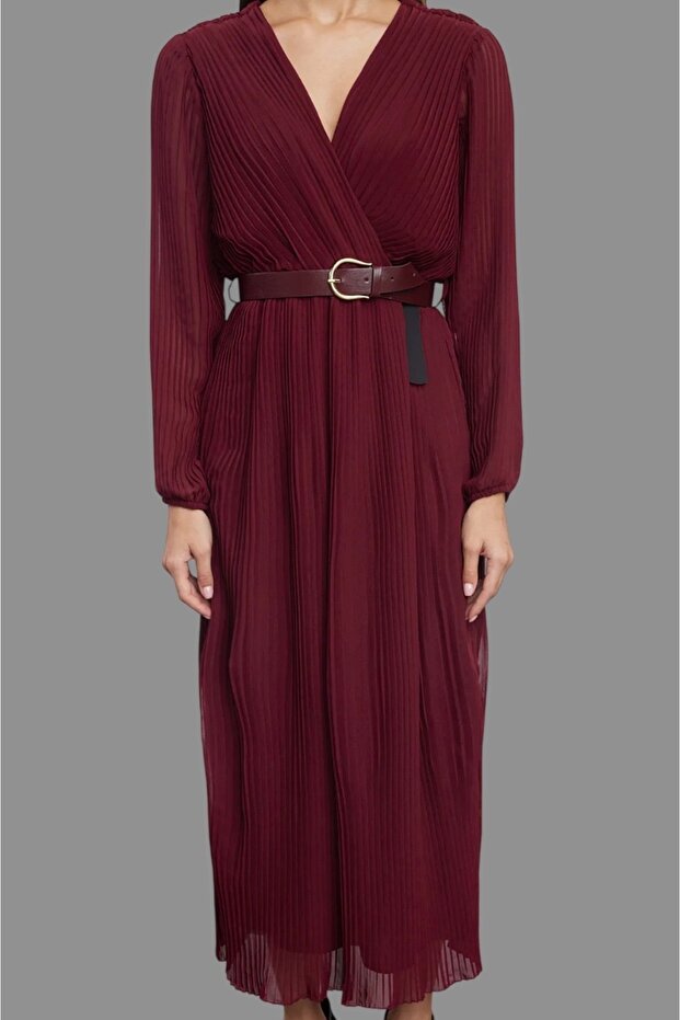 BordoKemerli A Kesim Piliseli Maxi Astarlı Şifon Uçuş Uçuş Dokuma Elbise - 3