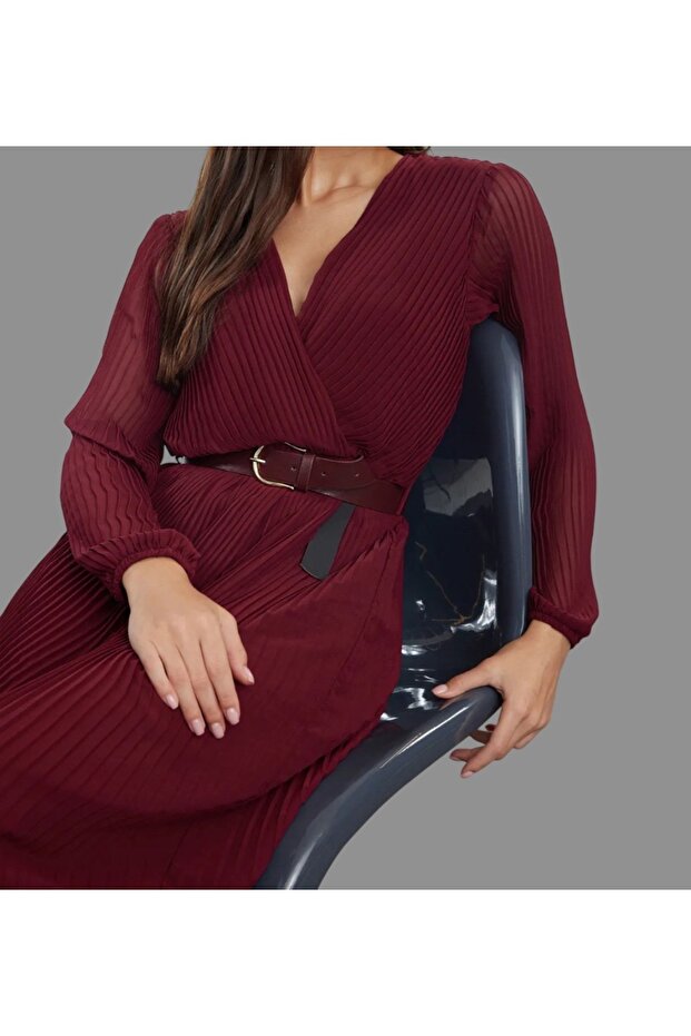 BordoKemerli A Kesim Piliseli Maxi Astarlı Şifon Uçuş Uçuş Dokuma Elbise - 5