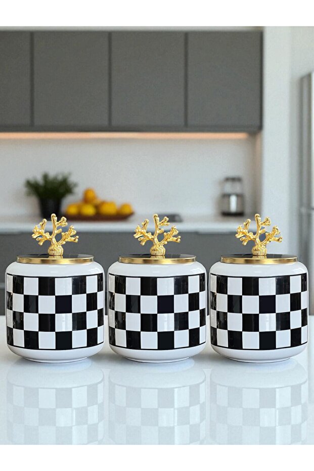 Spice Rack Ceramic 3-Piece Oval Large Size Coffee Corner 1400 ml Black Checkered (Tea, Coffee, Sugar) Gold