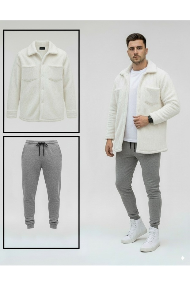 Unisex Plush White Jacket And Gray Tracksuit Combination Bottom Top
