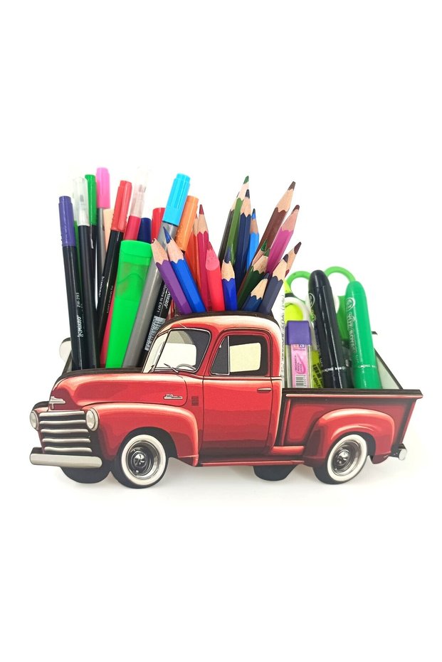Wooden Red Chevy Pickup Truck Desktop Pen Holder Pencil Case and Organizer
