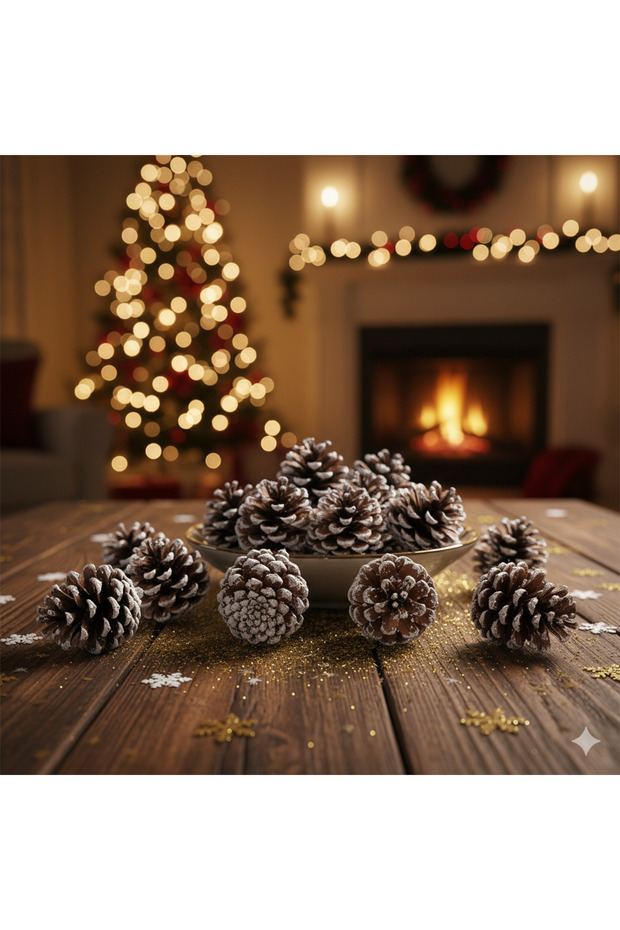New Year's Natural Snowy Cone Tree Ornament 6 Pieces