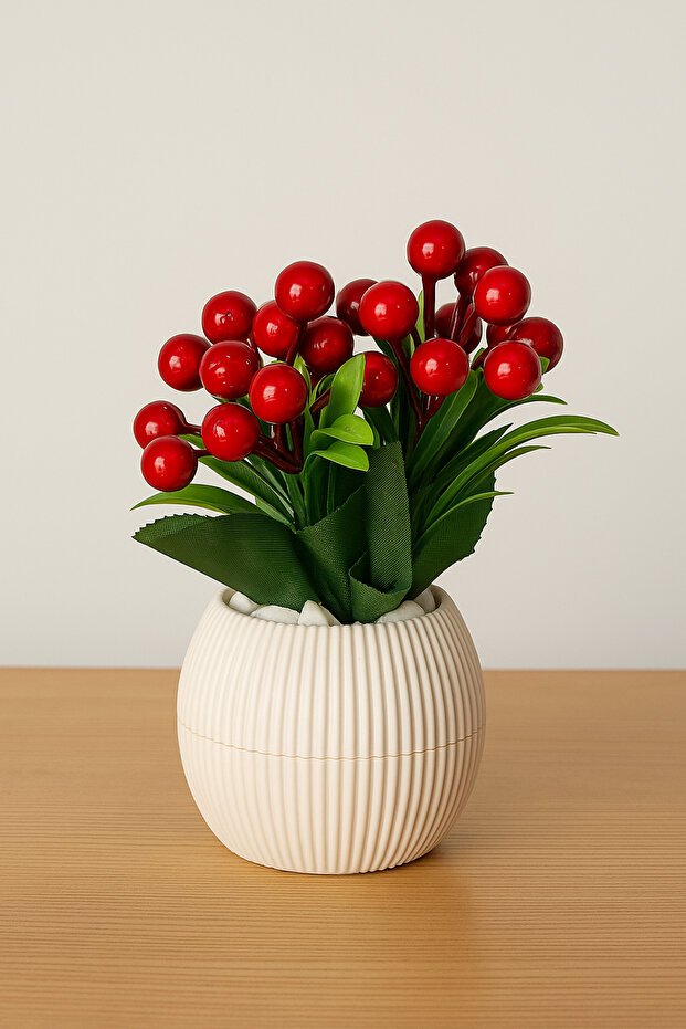Artificial Flower Kokina Bunch Tree with Stones in a Luxury Pot, Red