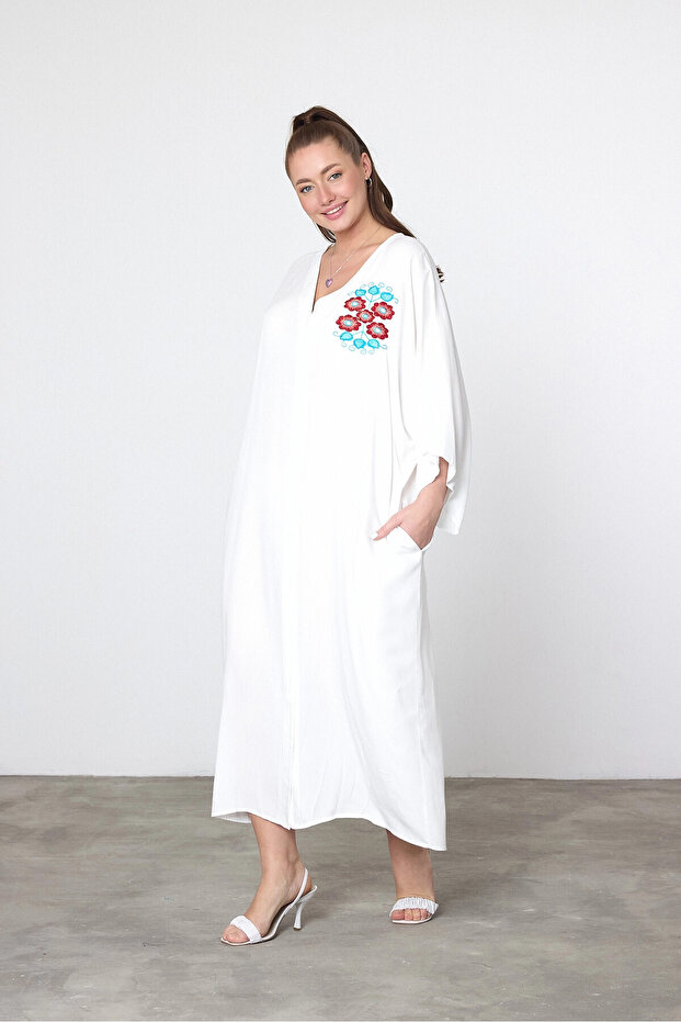 Kadın Maxi Boy Beyaz Nakış Işlemeli Dokuma Viscon Elbise Bcvl-25v038 - 3