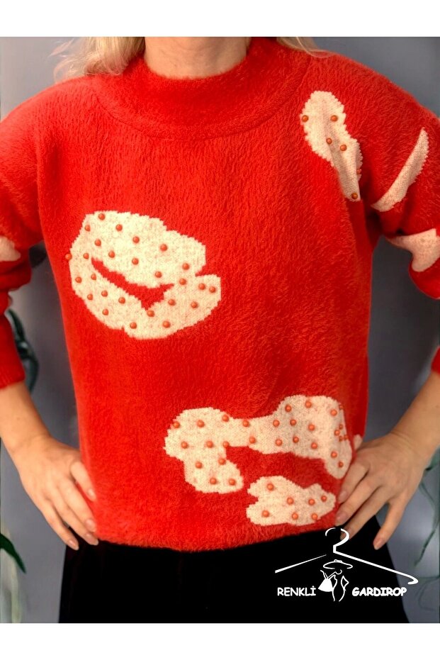 R&G Women's Feathered Orange Pearl Detailed Sweater